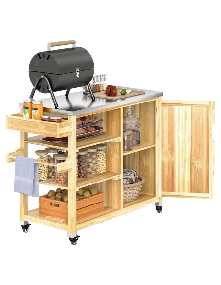 Carrito de Parrilla Outsunny Madera Natural con Acero Inoxidable