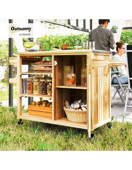Carrito de Parrilla Outsunny Madera Natural con Acero Inoxidable