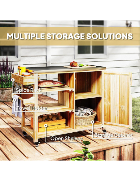 Carrito de Parrilla Outsunny Madera Natural con Acero Inoxidable