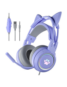 Auriculares de juego Xmenha morados con orejas de gato y micrófono