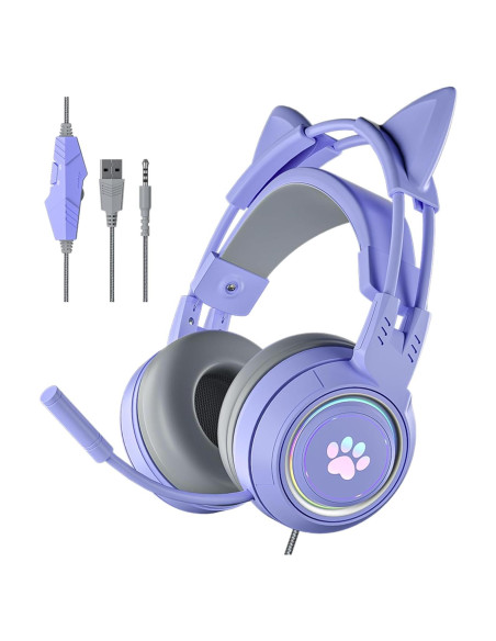 Auriculares de juego Xmenha morados con orejas de gato y micrófono