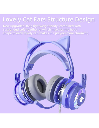 Auriculares de juego Xmenha morados con orejas de gato y micrófono
