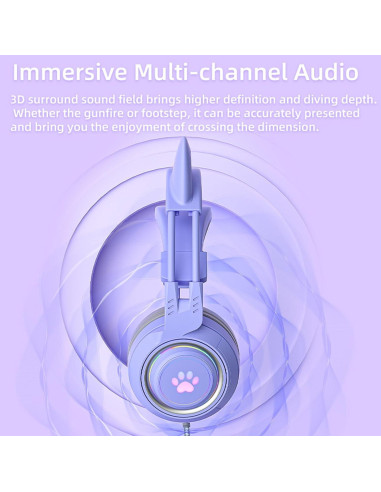 Auriculares de juego Xmenha morados con orejas de gato y micrófono