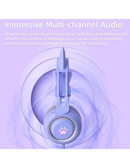 Auriculares de juego Xmenha morados con orejas de gato y micrófono