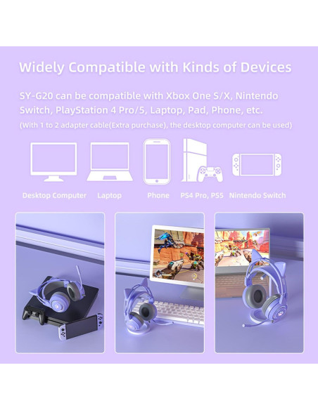 Auriculares de juego Xmenha morados con orejas de gato y micrófono