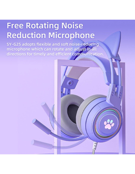 Auriculares de juego Xmenha morados con orejas de gato y micrófono