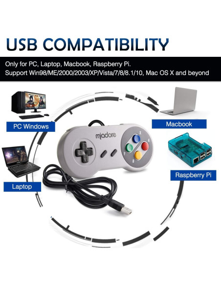 Paquete de 2 Controladores USB miadore para SNES Retro 16x15x3 cm
