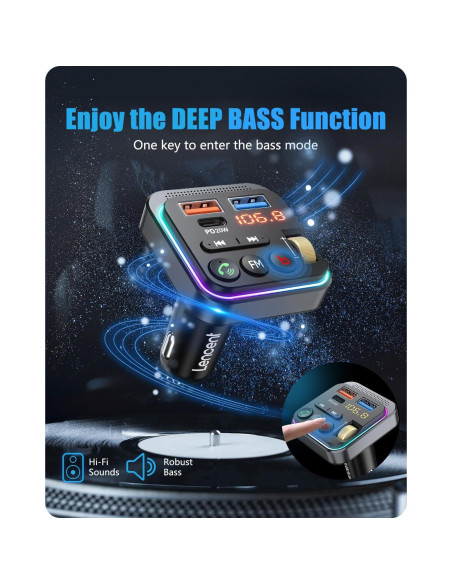 Transmisor FM Bluetooth LENCENT BT25 Cargador USB 20W QC 3.0