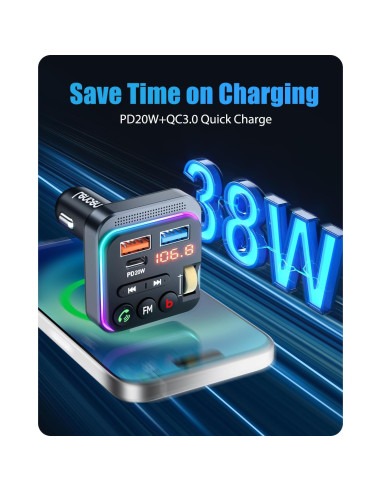 Transmisor FM Bluetooth LENCENT BT25 Cargador USB 20W QC 3.0