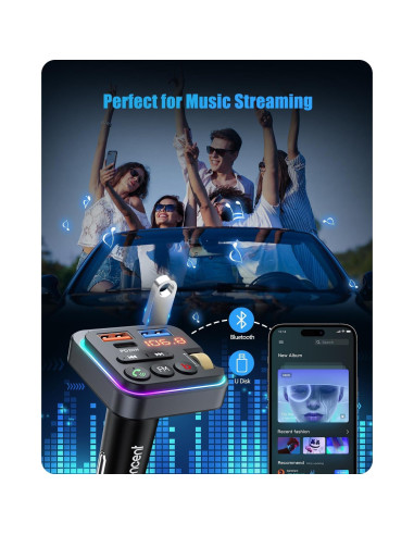 Transmisor FM Bluetooth LENCENT BT25 Cargador USB 20W QC 3.0