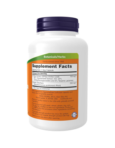 Suplemento Ginkgo Biloba NOW Foods 120 mg Doble Fuerza 200 Cápsulas Veganas