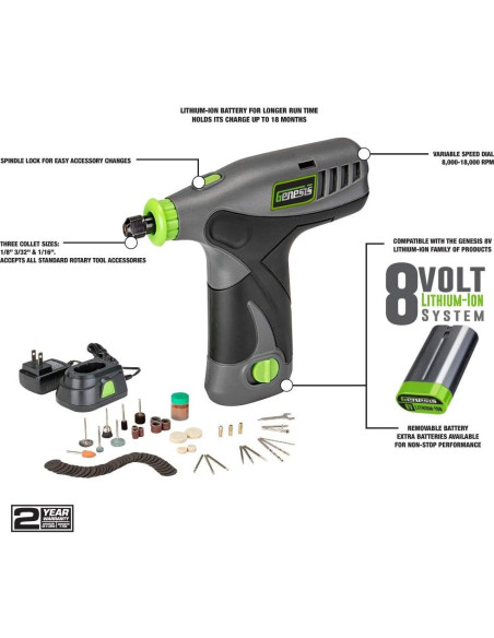 Herramienta Rotativa Genesis GLRT08B-65 8V Inalámbrica con 64 Accesorios