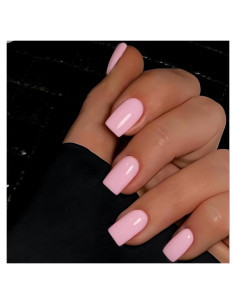 KQueenest 30 Uñas Postizas Rosa Cuadradas Medias Reutilizables