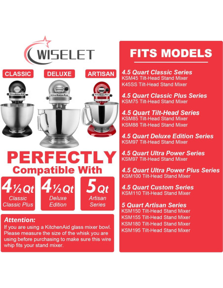 Batidor de Alambre de Acero Inoxidable Wiselet K45WW para KitchenAid