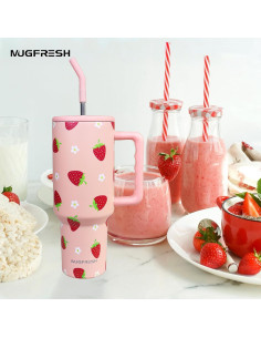 Taza de 1.2 L MugFresh fresa con popote y tapa aislante 2
