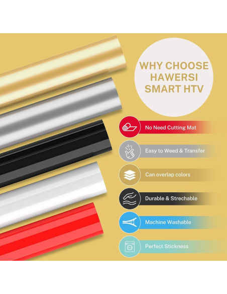 Vinilo Termoadhesivo HAWERSI 24.13x91.44cm 5 Colores para Cricut