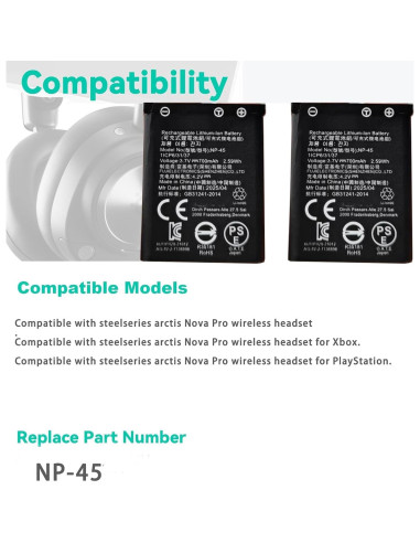 Batería NP-45 JUYUXIVM 2PCS para Auriculares Arctis Nova Pro