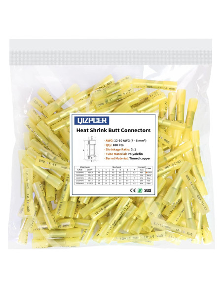 100 Conectores de Empalme Termocontraíbles Qizpcer 12-10 AWG