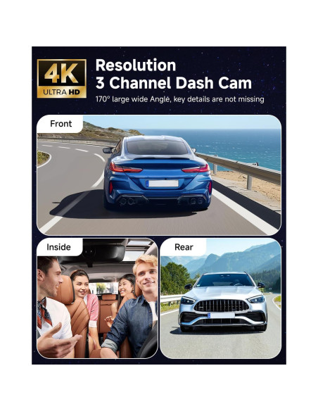 Cámara Dash 4K EMRSTORES 3 Canales WiFi con G-Sensor y 32GB