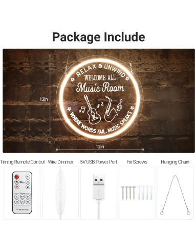 Luz de Neón Guitarra MiMaik 30.48x30.48 cm Regulable USB