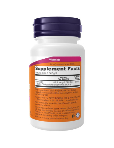 Vitamina D3 2500 UI NOW Foods 180 Gelatinas Blandas Salud Ósea