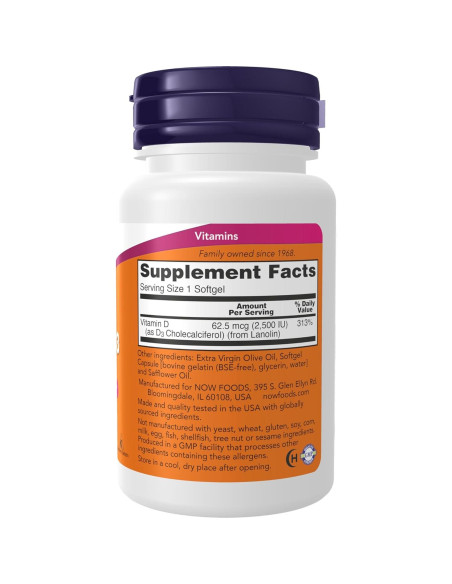 Vitamina D3 2500 UI NOW Foods 180 Gelatinas Blandas Salud Ósea