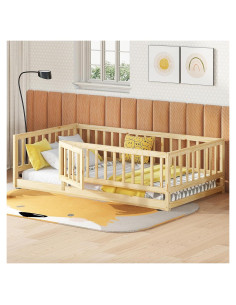 Cama de Piso Twin KEIKI de Madera con Barandillas y Puerta