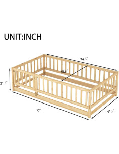 Cama de Piso Twin KEIKI de Madera con Barandillas y Puerta 2