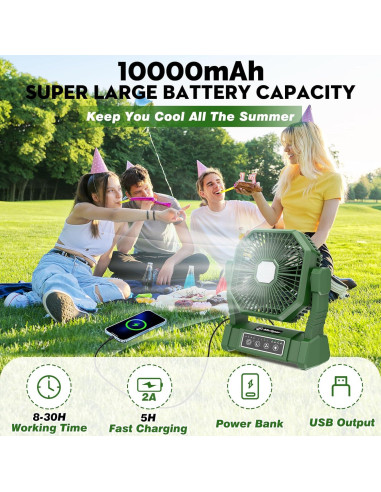 Ventilador de Camping Multper 10000mAh con Linterna LED y Control Remoto