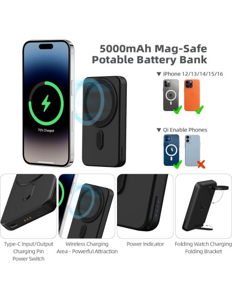 Estación de Carga Inalámbrica 3 en 1 DDUAN 5000mAh Negro