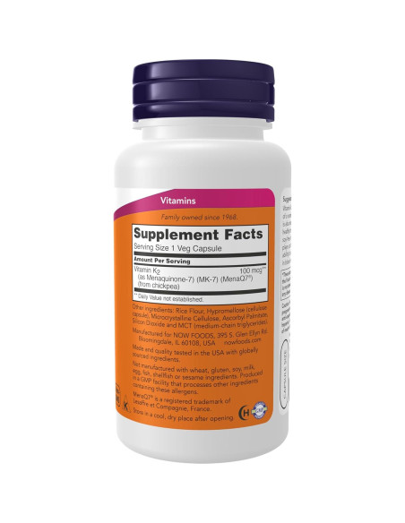 NOW Foods Vitamina K-2 MK-7 100 mcg 120 Cápsulas Veganas NOW Foods Vitamina K-2 MK-7 100 mcg 120 Cápsulas Veganas