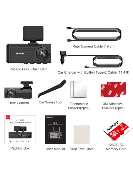Cámara Dash PAPAGO G360 Triple Canal 2K+1080P GPS WiFi