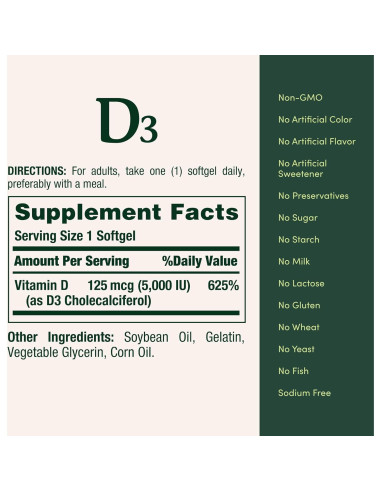Suplemento de Vitamina D3 5000 UI Nature's Bounty 240 Softgels