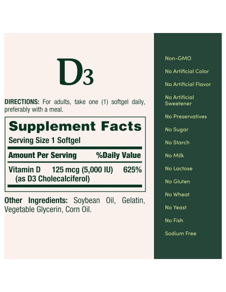Suplemento de Vitamina D3 5000 UI Nature's Bounty 240 Softgels