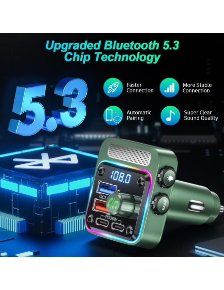 Transmisor FM Bluetooth 5.3 SONRU - Cargador de Coche 54W
