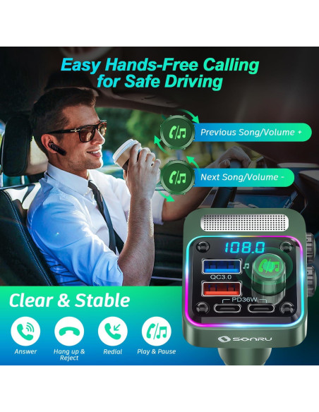 Transmisor FM Bluetooth 5.3 SONRU - Cargador de Coche 54W
