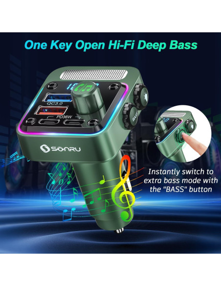 Transmisor FM Bluetooth 5.3 SONRU - Cargador de Coche 54W