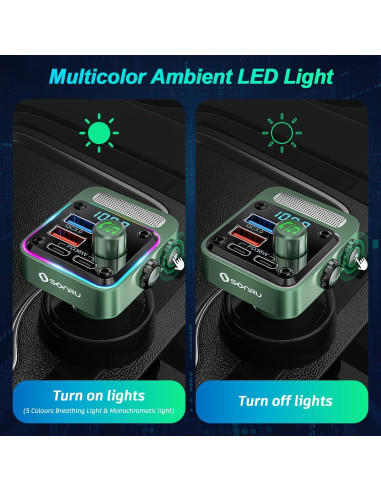 Transmisor FM Bluetooth 5.3 SONRU - Cargador de Coche 54W