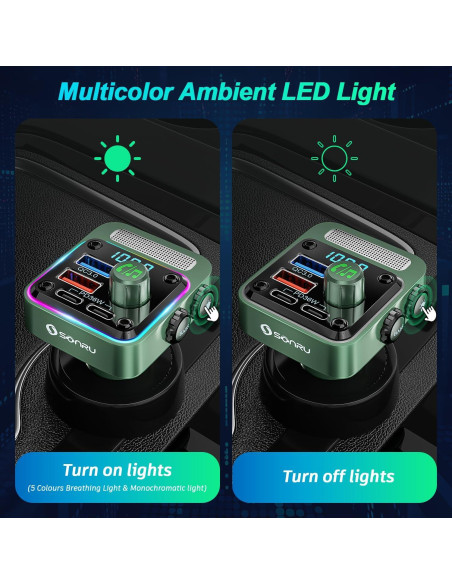 Transmisor FM Bluetooth 5.3 SONRU - Cargador de Coche 54W