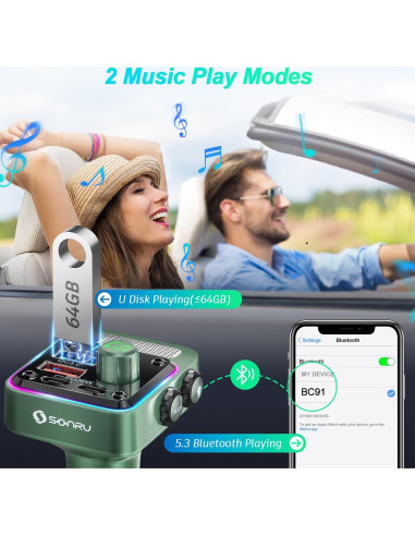 Transmisor FM Bluetooth 5.3 SONRU - Cargador de Coche 54W
