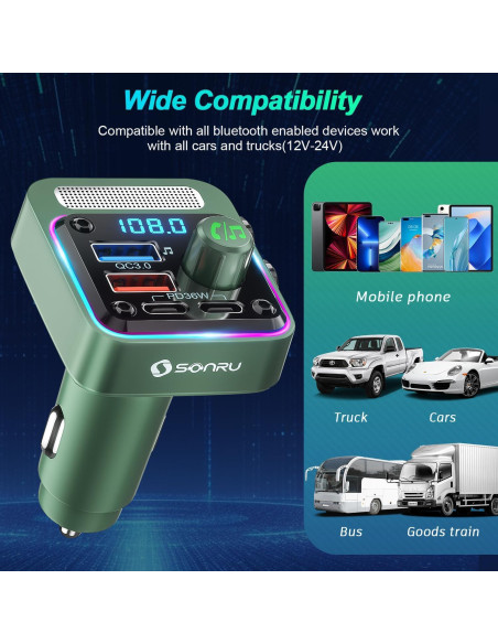 Transmisor FM Bluetooth 5.3 SONRU - Cargador de Coche 54W