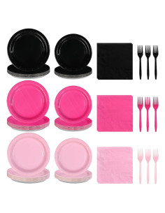 Juego de Platos Desechables Rosa y Negro Grencian 96 Pcs