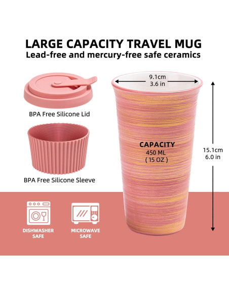 Taza de Viaje Cerámica Rosa TIANNA VALLEY 450ml A Prueba de Microondas