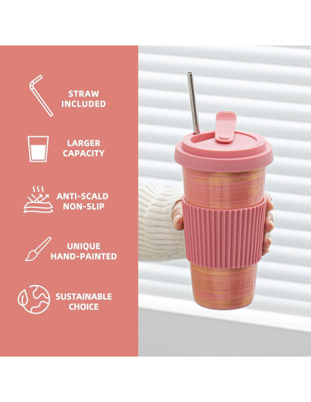 Taza de Viaje Cerámica Rosa TIANNA VALLEY 450ml A Prueba de Microondas