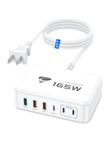 Cargador USB-C 165W Aione con 6 Puertos y Cable 1.52m