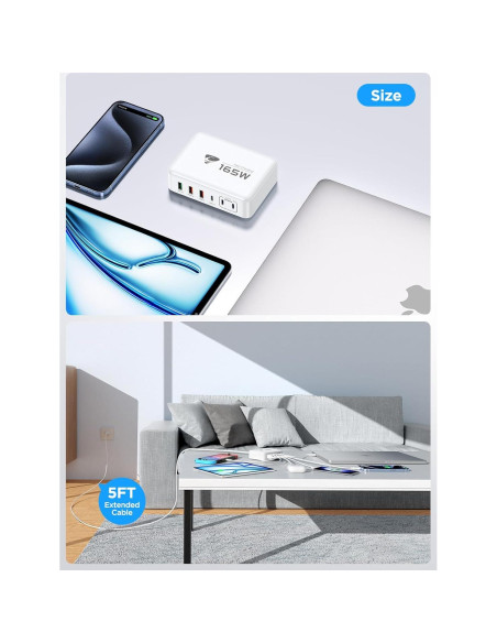 Cargador USB-C 165W Aione con 6 Puertos y Cable 1.52m