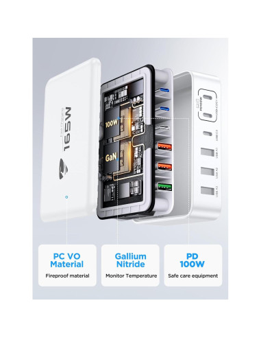 Cargador USB-C 165W Aione con 6 Puertos y Cable 1.52m