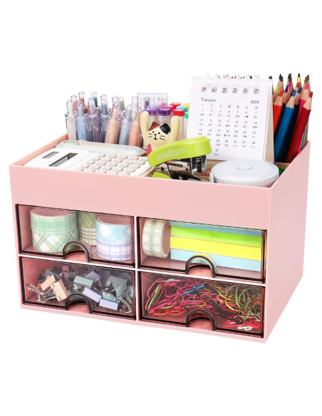 Organizador de Escritorio Meiikun Rosa con 4 Cajones y 4 Compartimentos Organizador de Escritorio Meiikun Rosa con 4 Cajones y 4 Compartimentos