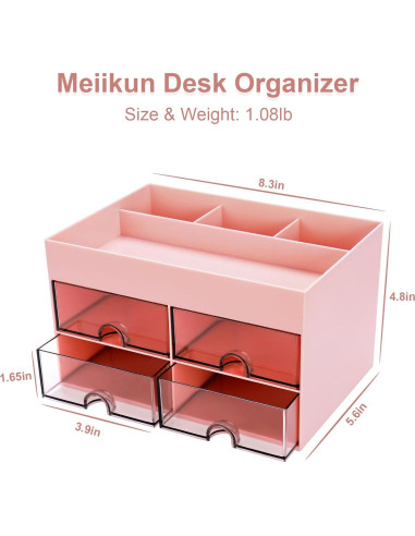 Organizador de Escritorio Meiikun Rosa con 4 Cajones y 4 Compartimentos