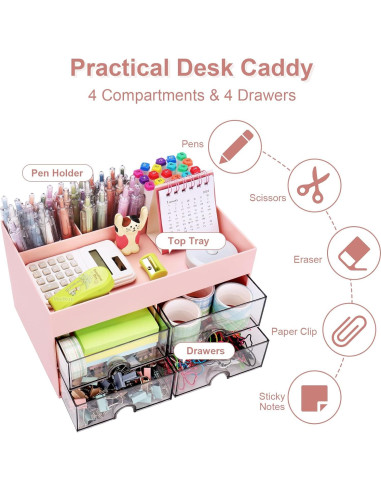 Organizador de Escritorio Meiikun Rosa con 4 Cajones y 4 Compartimentos